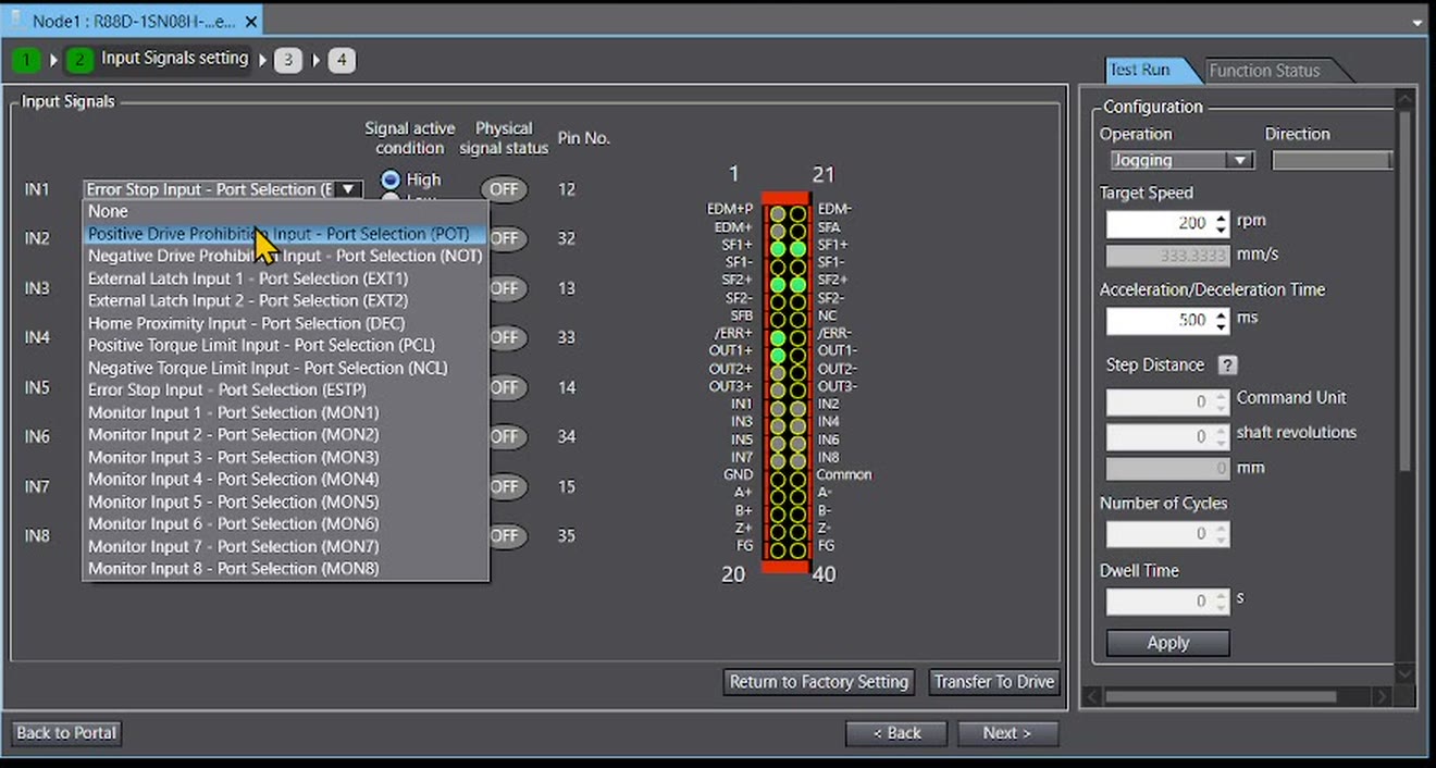 Configuração dos sinais de entrada do servo drive no software, com o mapa de pinos do conector